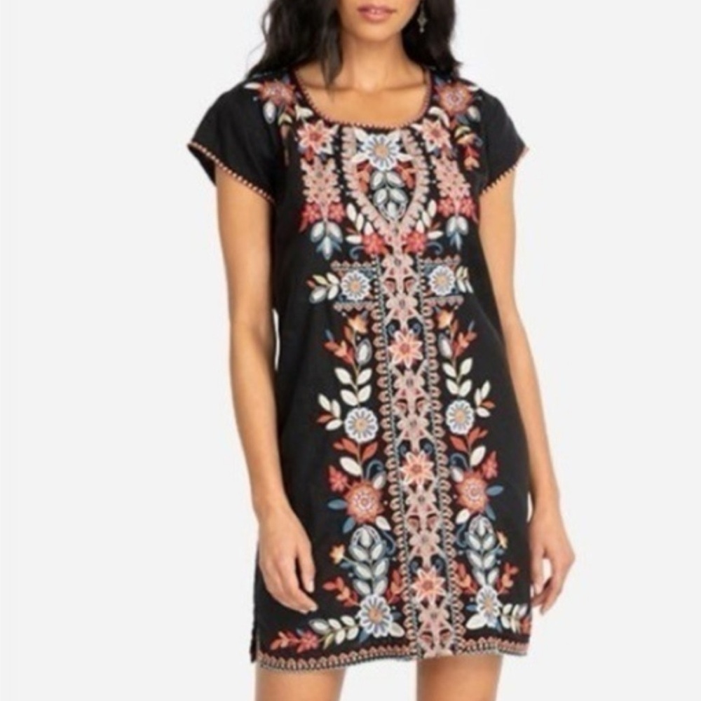Johnny Was Black Dress with Multicolor Floral Embroidery
